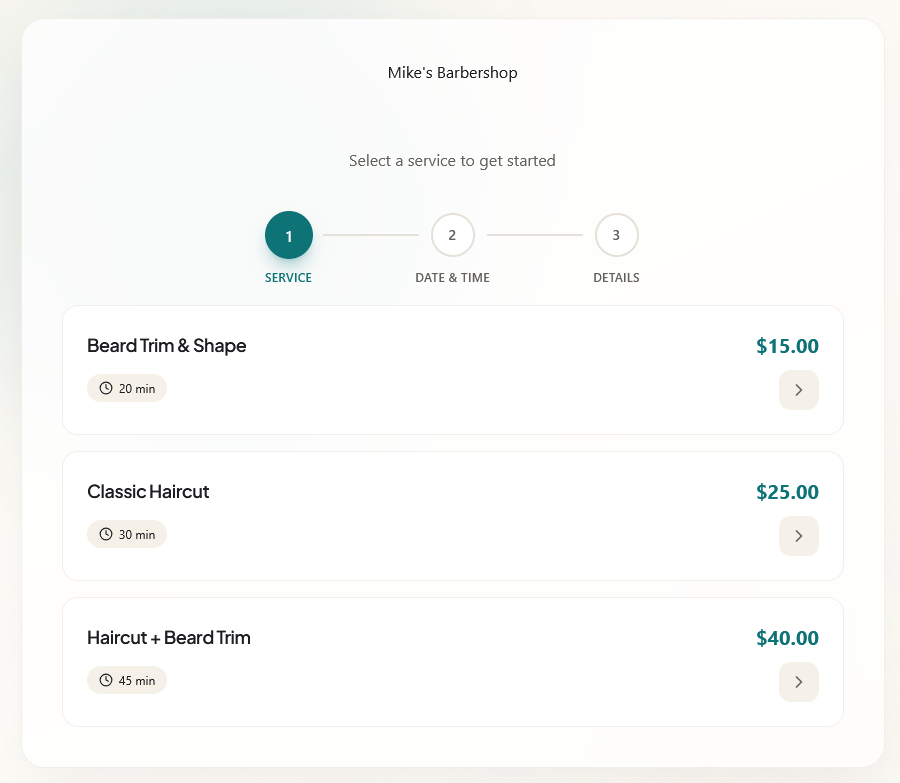 Availo booking page showing barbershop services like haircuts and beard trims