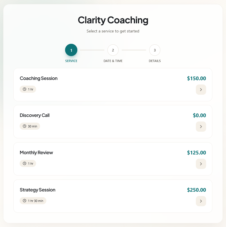 Availo booking page showing coaching services like discovery calls, strategy sessions, and follow-ups