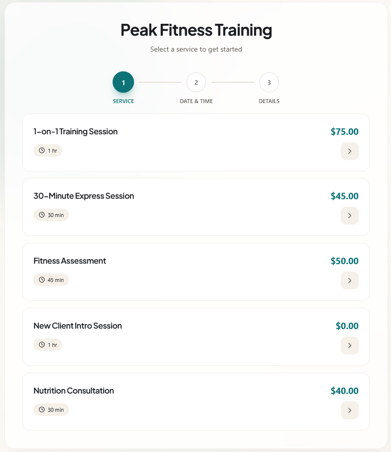 Availo booking page showing personal training services like 1-on-1 sessions and fitness assessments