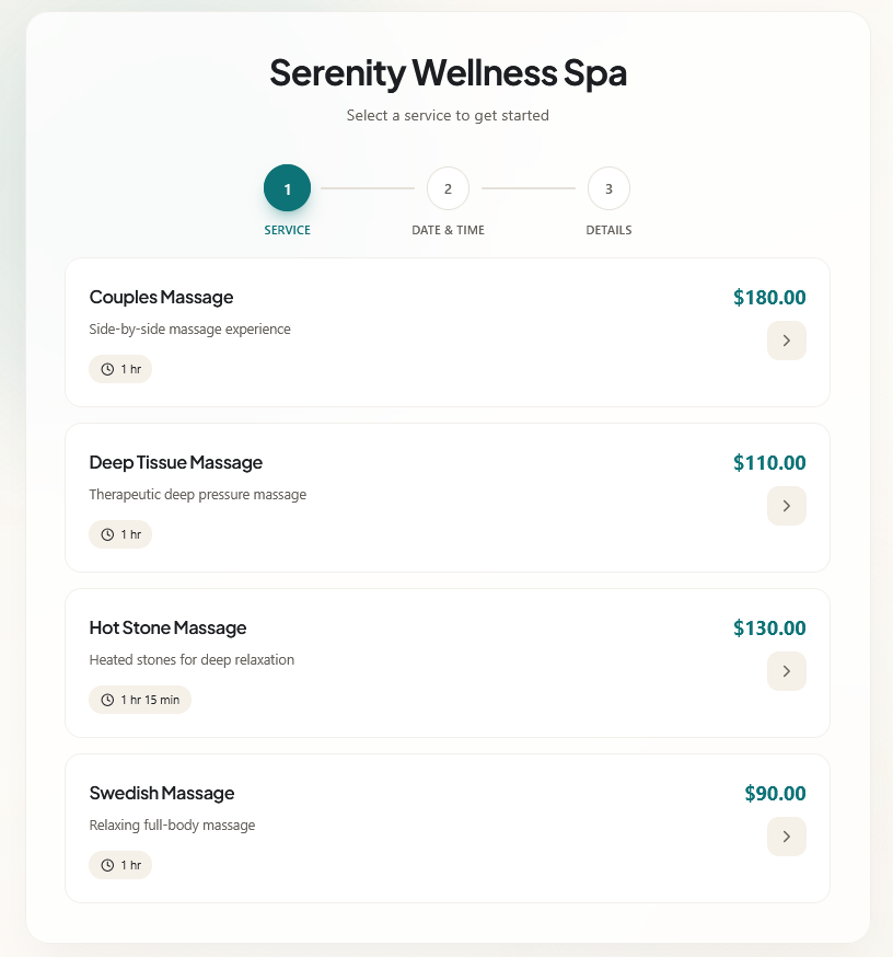 Availo booking page showing massage services like Swedish massage, deep tissue, and hot stone
